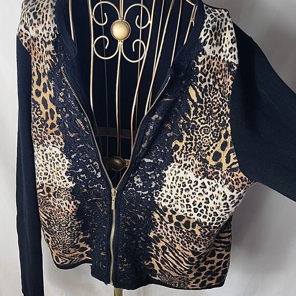 Leopard Cheetah L Print & Black Eyelash Fringe Lace Zippered Sweater Jacket - Picture 3 of 7